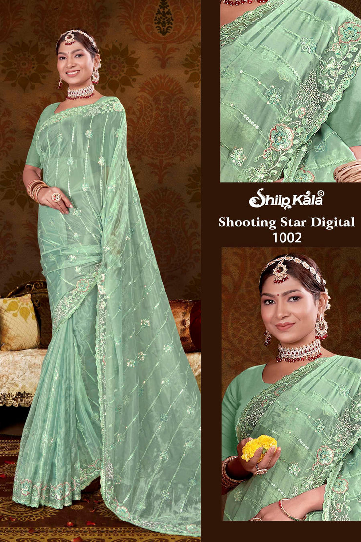 Star Glass Tissue Saree with Jarkan Diamond and Hand Work Embroidery with exclusive design (8 Colours Available).