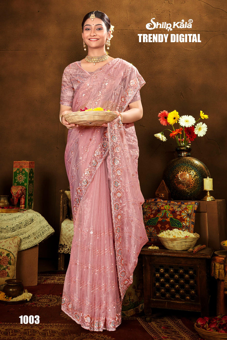 Trendy Glass Tissue Saree with Jarkan Diamond and Unique Embroidery (6 Colours Available).