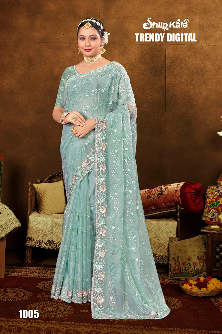 Trendy Glass Tissue Saree with Jarkan Diamond and Unique Embroidery (6 Colours Available).