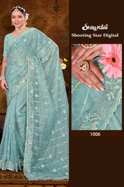 Star Glass Tissue Saree with Jarkan Diamond and Hand Work Embroidery with exclusive design (8 Colours Available).