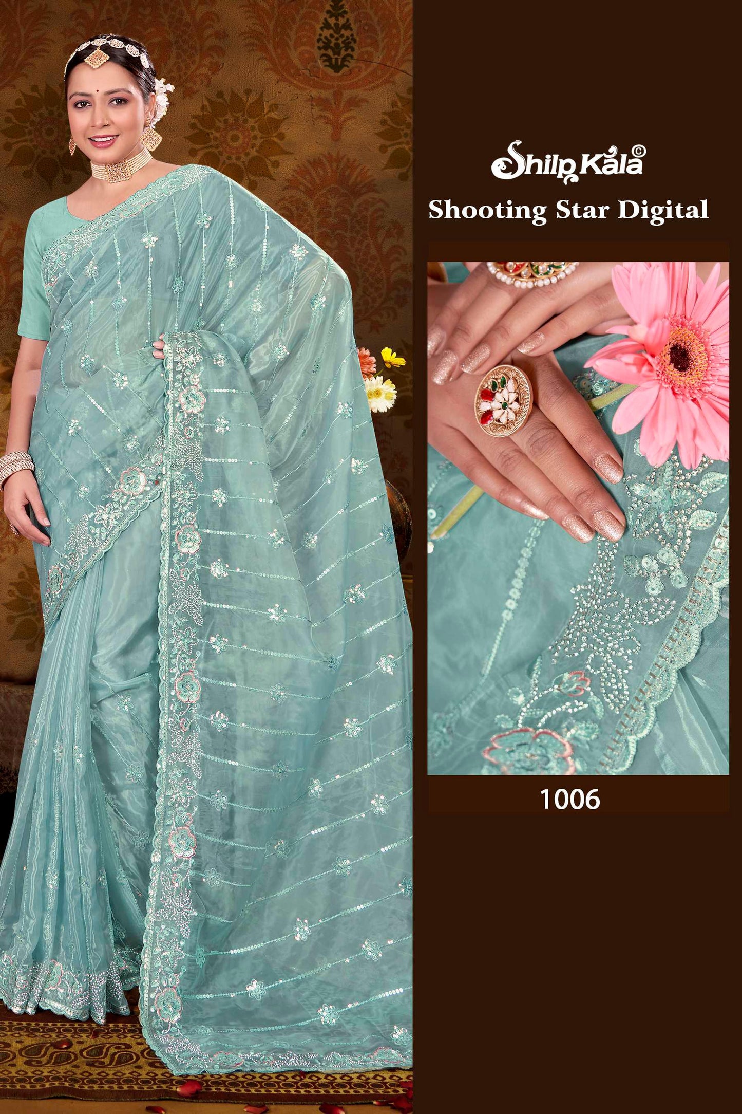 Star Glass Tissue Saree with Jarkan Diamond and Hand Work Embroidery with exclusive design