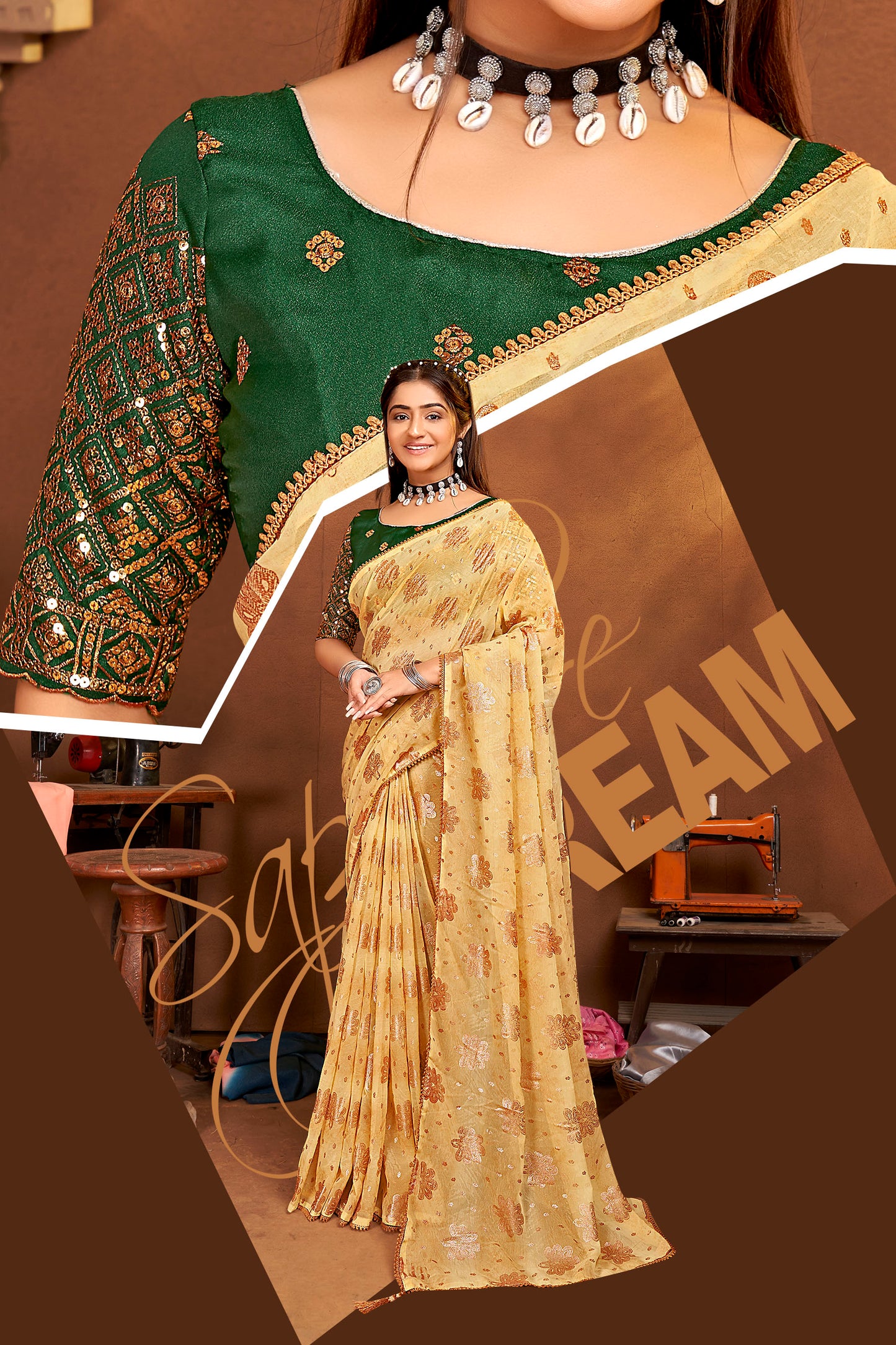 Sk Grateful Multicolor Chiffon Saree with Fancy Lace