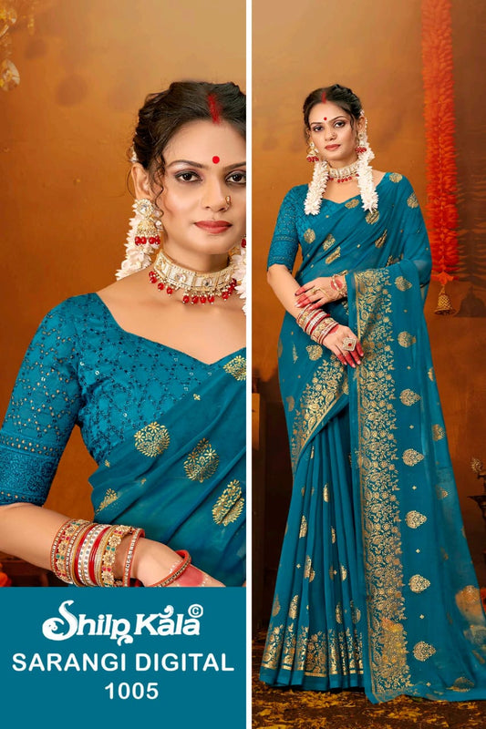 Sarangi Multicolor Georgette Saree with Chanderi Blouse and Tone to Tone Matching.