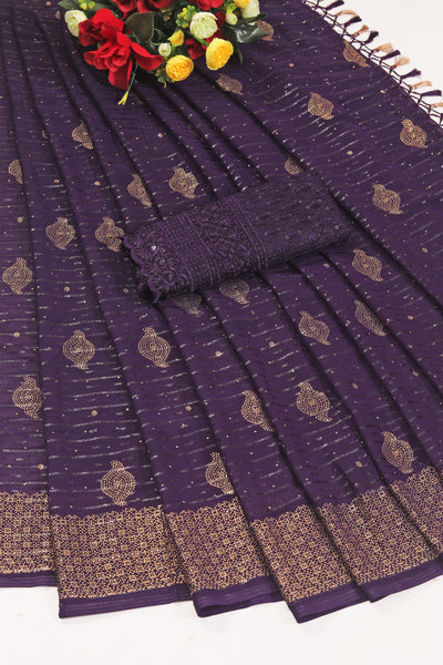 Sankheshwar Purple Fancy Rimjhim Saree with Net Blouse and Tone to Tone Matching