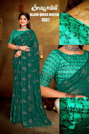 Black Queen Bottle Green Chiffon Saree with Fancy Blouse and Tone to Tone Colour Matching