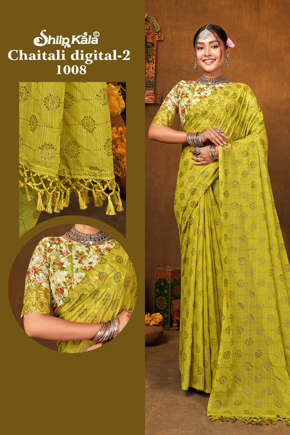 Chaitali Multicolor Chiffon Saree with Digital Printed Blouse