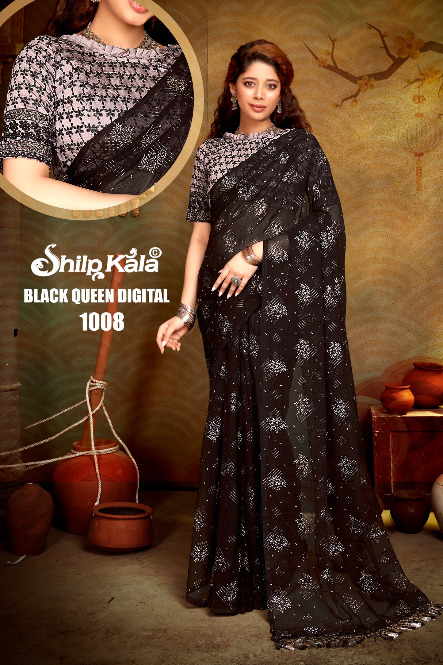 Black Queen Multicolor Chiffon Saree with Fancy Blouse and Tone to Tone Colour Matching
