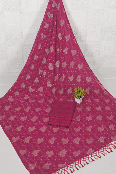 Icube Rani Pink Chiffon Saree with Net Blouse and Tone to Tone Matching