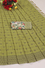 Swikar Olive Green Saree with Silver Foil Printing and Fancy Fabric