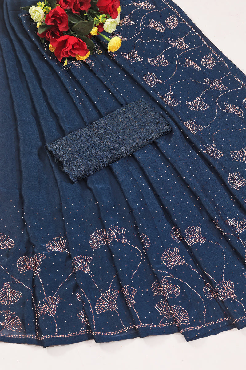 Satin Navy Blue Saree with Swaroski Stone Work