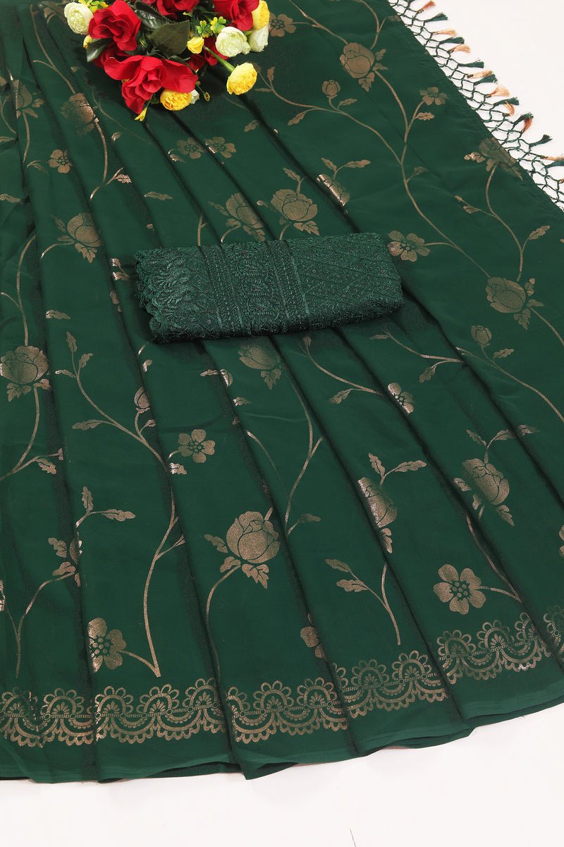 Roseline Bottle Green Chiffon Saree with Rose Flower Print