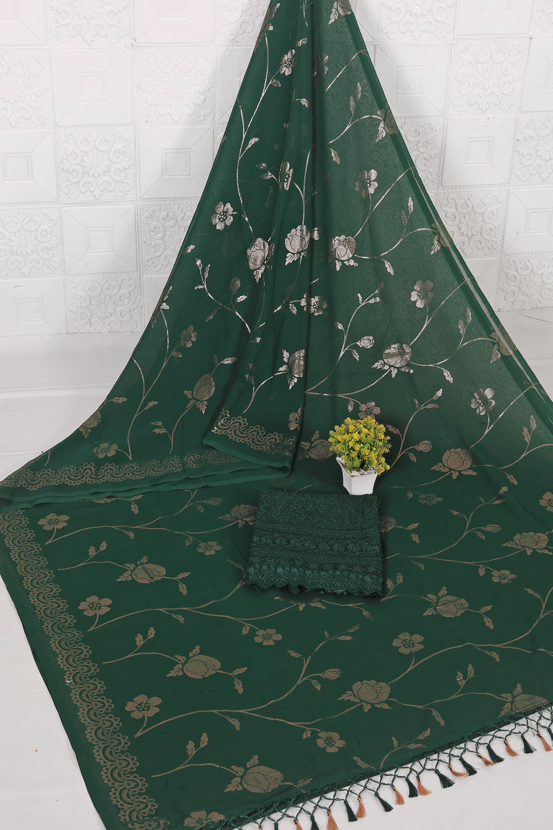 Roseline Bottle Green Chiffon Saree with Rose Flower Print