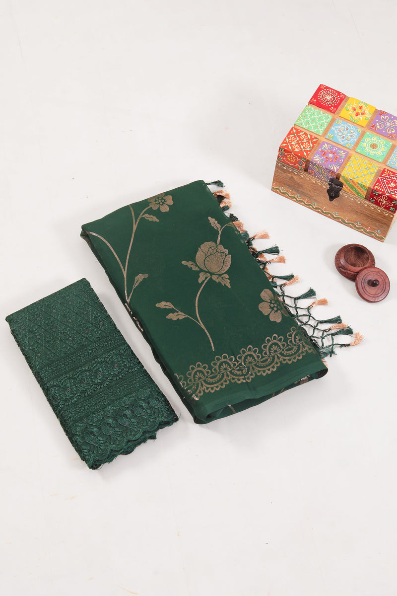 Roseline Bottle Green Chiffon Saree with Rose Flower Print