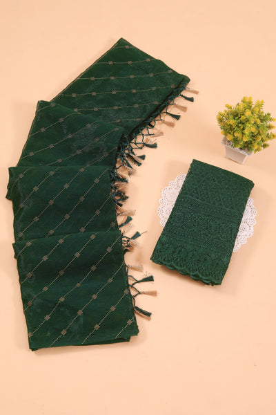 Omex Bottle Green Chiffon Saree with Tone to Tone Matching