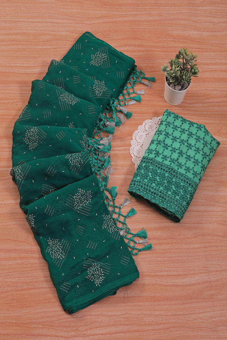 Black Queen Bottle Green Chiffon Saree with Fancy Blouse and Tone to Tone Colour Matching