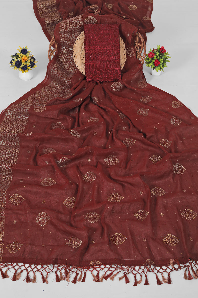 Sambhavi  Cherry Maroon Chiffon Saree with Tone to Tone Matching and Net Blouse