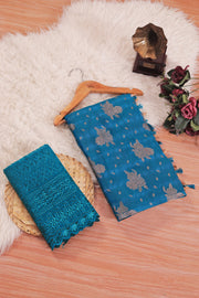 Icube Peacock Blue Saree with Net Blouse and Tone to Tone Matching