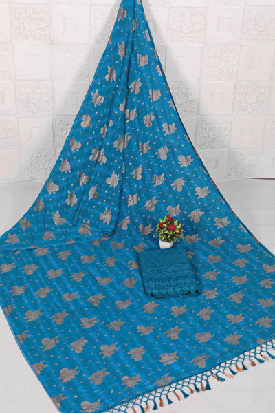 Icube Peacock Blue Saree with Net Blouse and Tone to Tone Matching