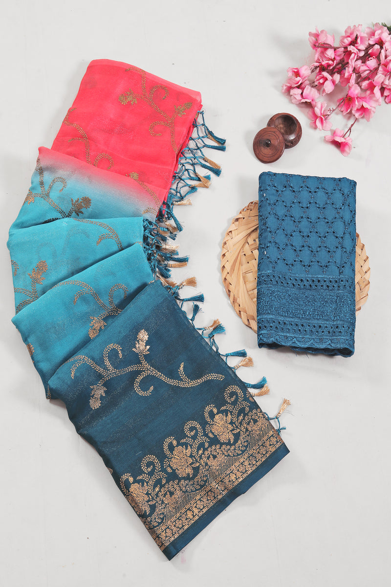 Aashiqui Blue Peach Fancy Fabric Saree with Chanderi Blouse