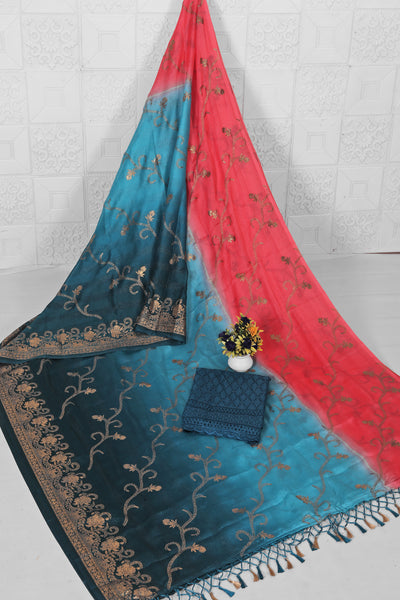 Aashiqui Blue Peach Fancy Fabric Saree with Chanderi Blouse