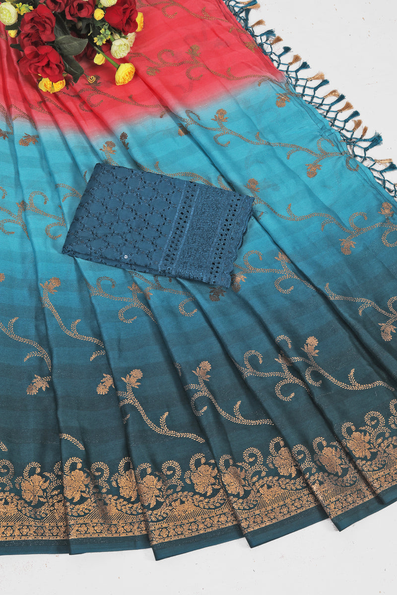 Aashiqui Blue Peach Fancy Fabric Saree with Chanderi Blouse