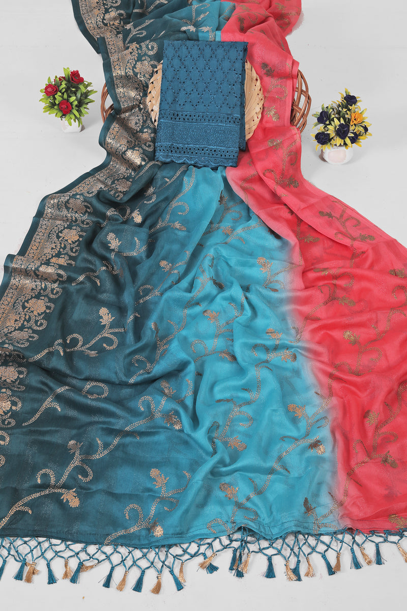 Aashiqui Blue Peach Fancy Fabric Saree with Chanderi Blouse