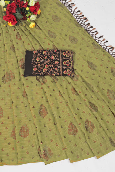 Tea Mehendi Green Chiffon Saree with Fancy Work Blouse