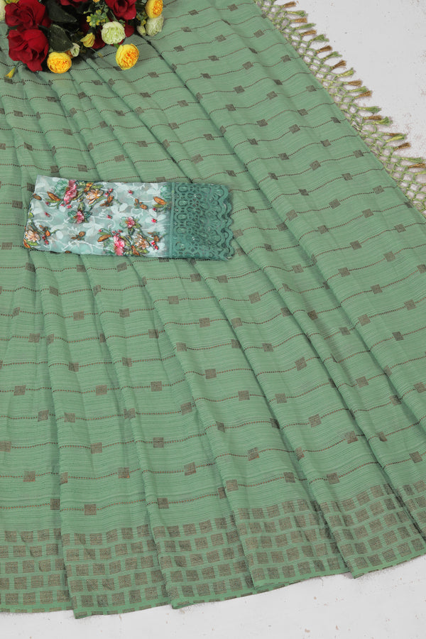 Swikar Pista Green Saree with Silver Foil Printing and Fancy Fabric