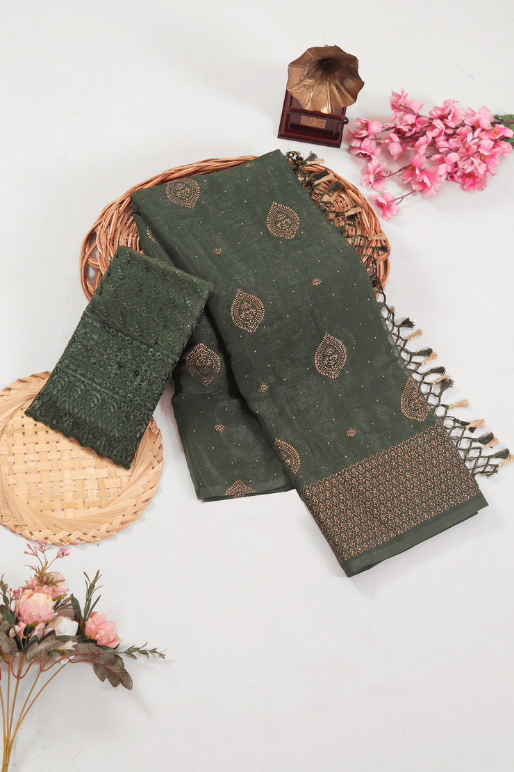 Sambhavi Mehendi green Chiffon Saree with Tone to Tone Matching and Net Blouse