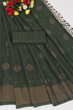 Sambhavi Mehendi green Chiffon Saree with Tone to Tone Matching and Net Blouse