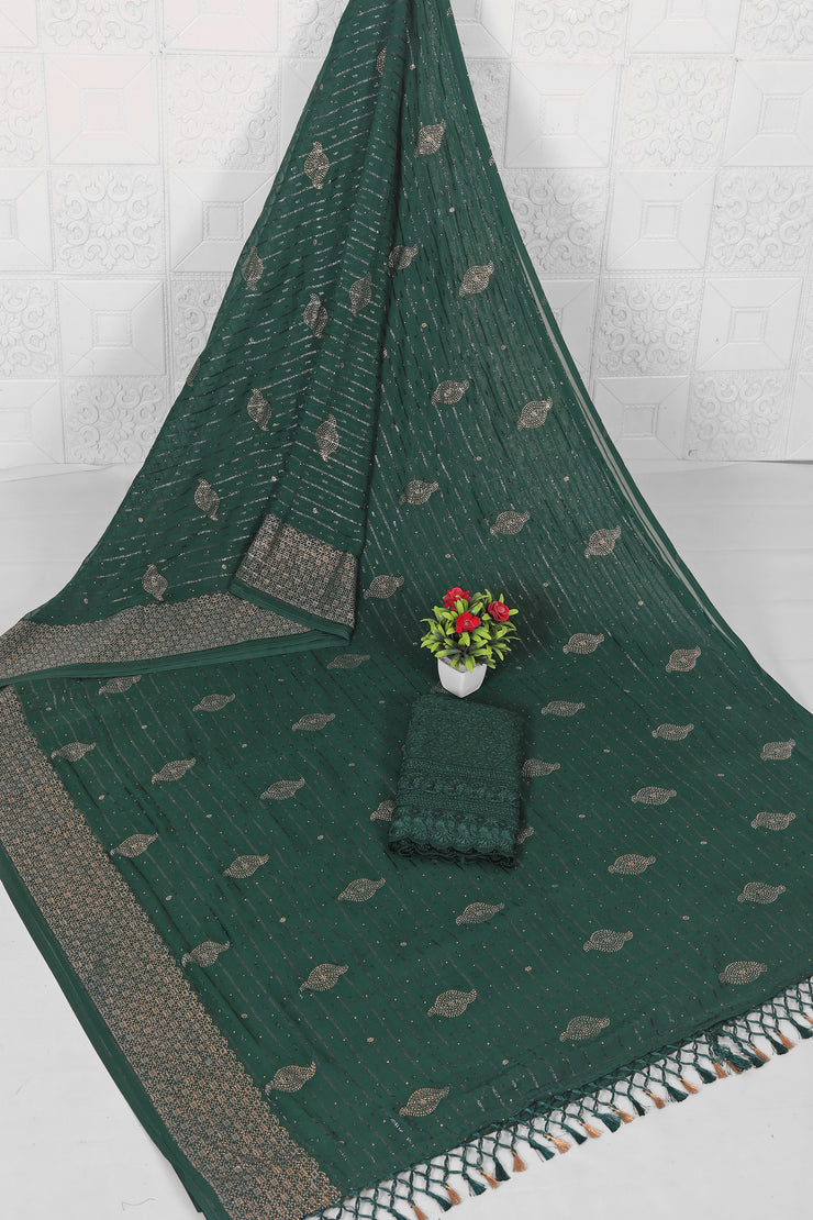 Sankheshwar Bottle Green Fancy Rimjhim Saree with Net Blouse and Tone to Tone Matchng