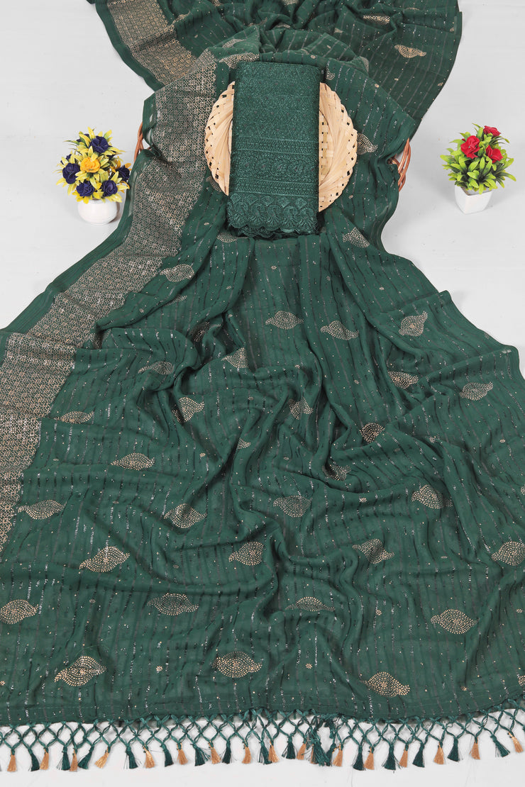 Sankheshwar Bottle Green Fancy Rimjhim Saree with Net Blouse and Tone to Tone Matchng