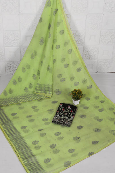 Sen Pista Green Saree with Fancy Work Blouse and Contrast Matching