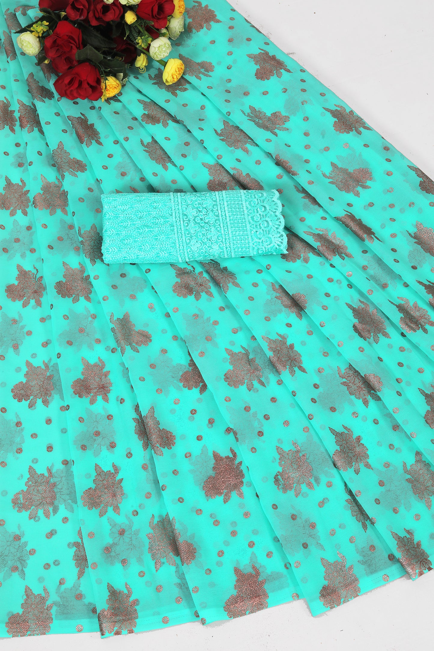 Gorgeous Sea Green Georgette Saree with Foil Printing.