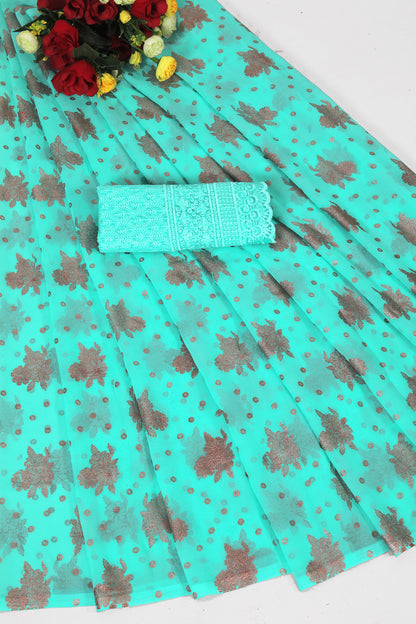 Gorgeous Sea Green Georgette Saree with Foil Printing.