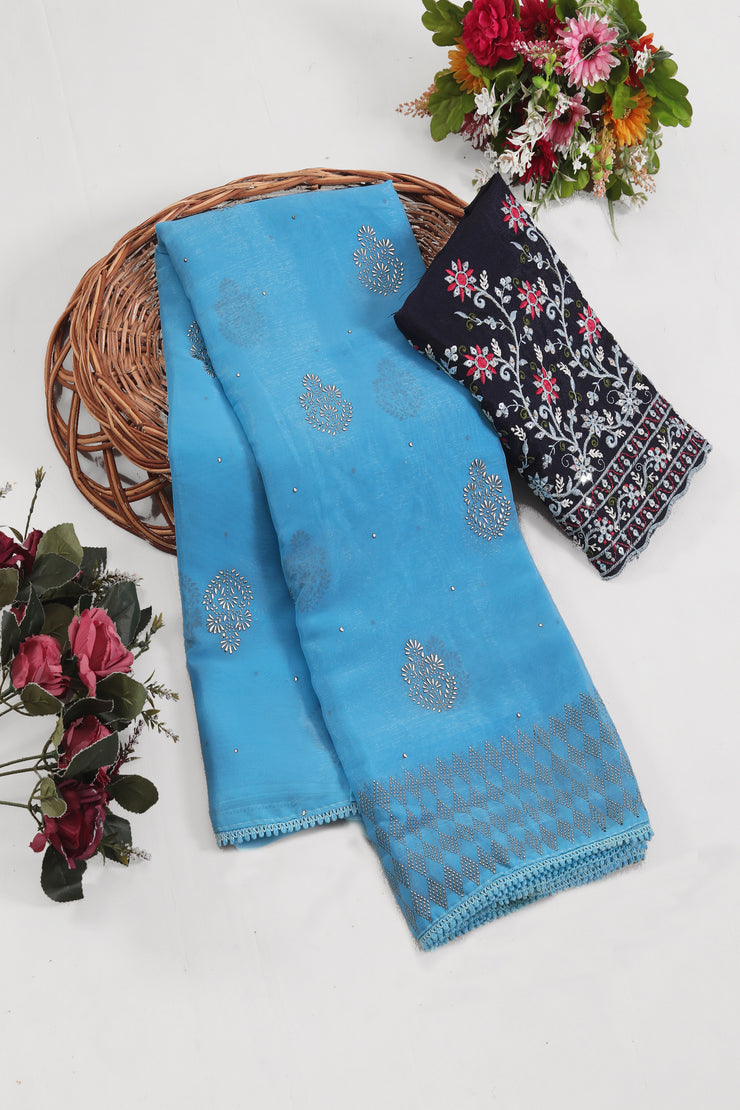 Sen Sky Blue Saree with Fancy Work Blouse and Contrast Matching