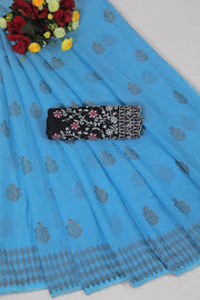 Sen Sky Blue Saree with Fancy Work Blouse and Contrast Matching