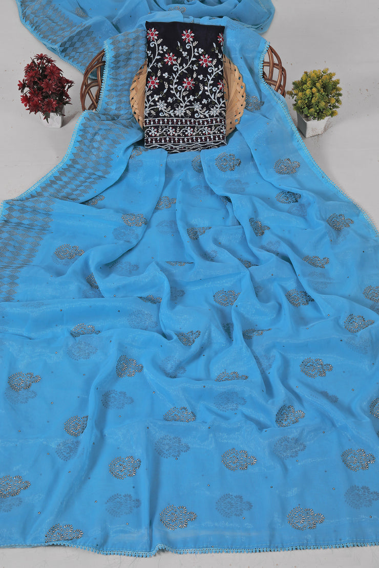 Sen Sky Blue Saree with Fancy Work Blouse and Contrast Matching