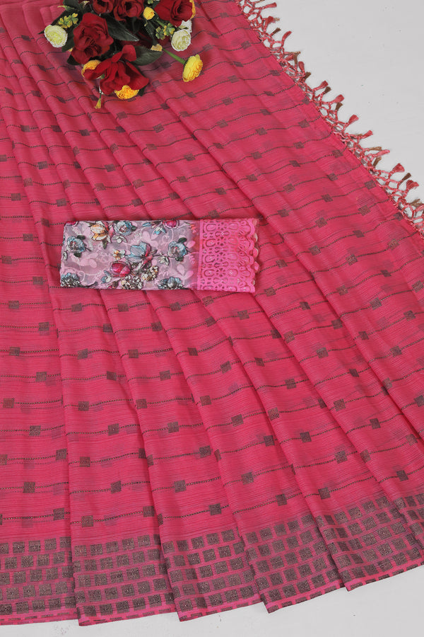 Swikar Carrot Red Saree with Silver Foil Printing and Fancy Fabric