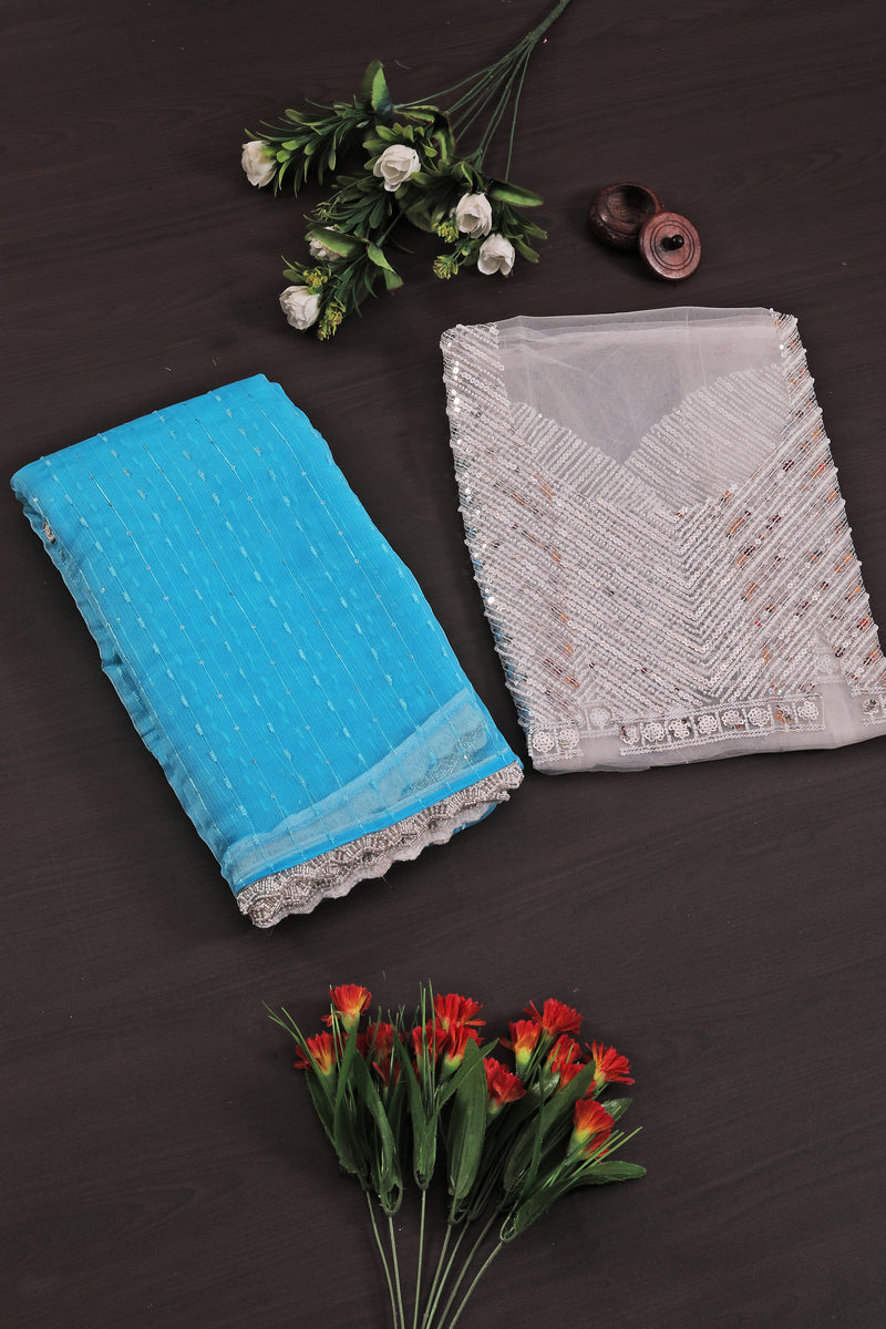 Prince Sky Blue Shilpkala Fashions Fancy blouse And Plain Saree with Lace work.