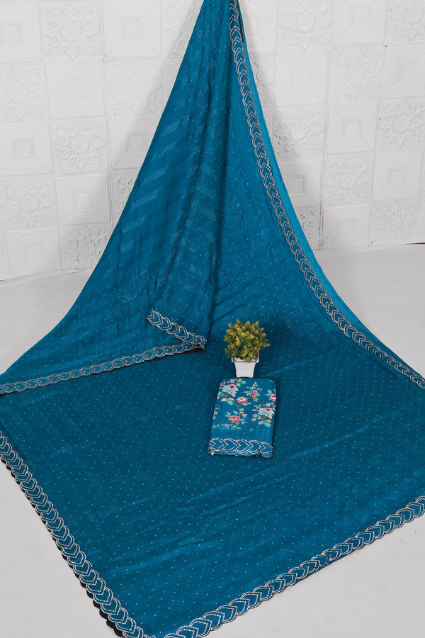 Valentine Blue Saree with Digital Shifli Blouse and Jarkan Stone Work Concept