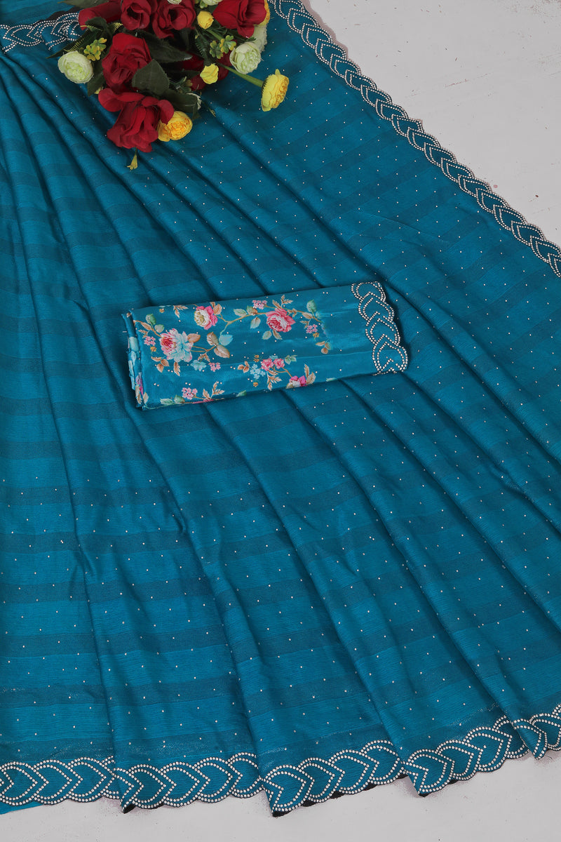 Valentine Blue Saree with Digital Shifli Blouse and Jarkan Stone Work Concept