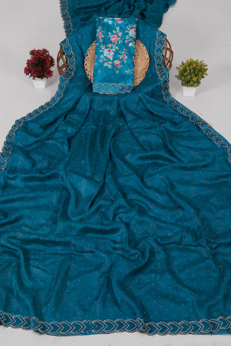 Valentine Blue Saree with Digital Shifli Blouse and Jarkan Stone Work Concept