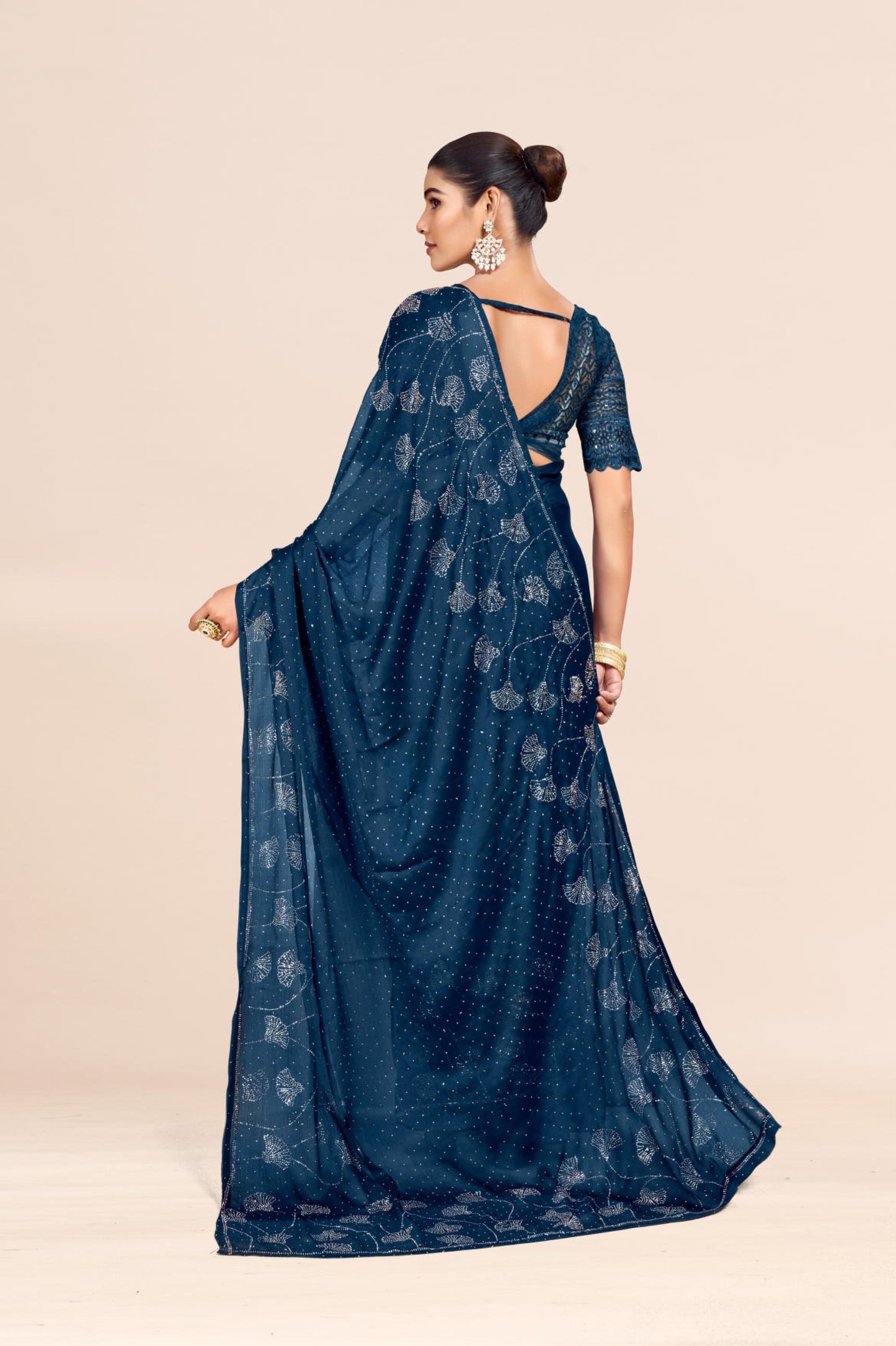 Copper Swaroski Satin Navy Blue Saree with Copper Swaroski Stone Work.