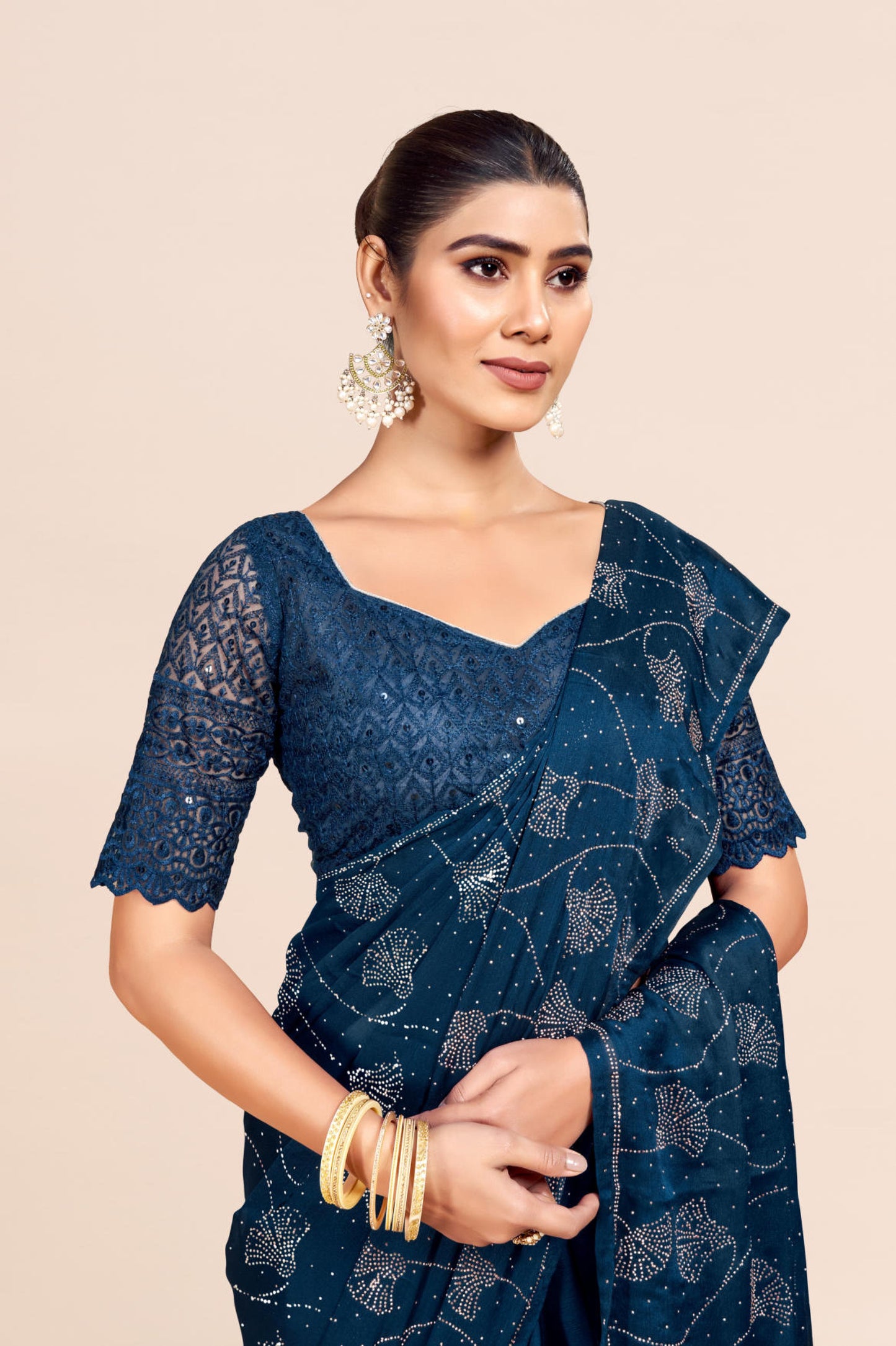 Roopkala Navy Blue  Fancy Designer Saree with Copper Foil and Work Blouse with Jhaalar