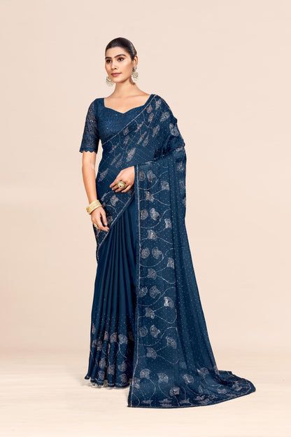 Copper Swaroski Satin Navy Blue Saree with Copper Swaroski Stone Work.