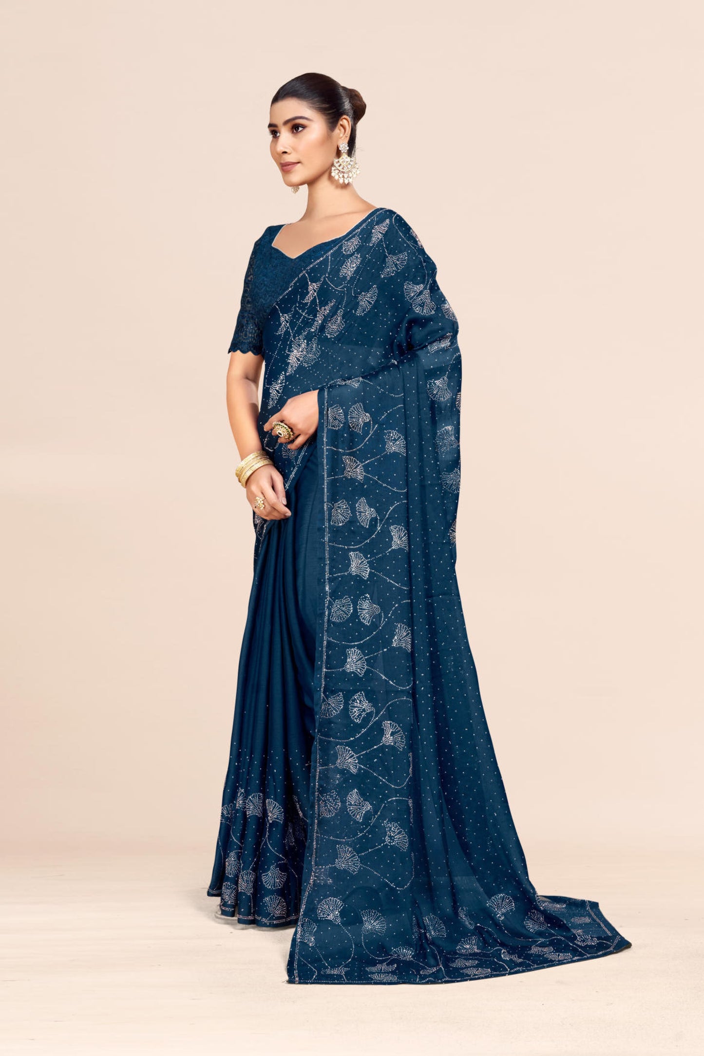 Copper Swaroski Satin Navy Blue Saree with Copper Swaroski Stone Work.