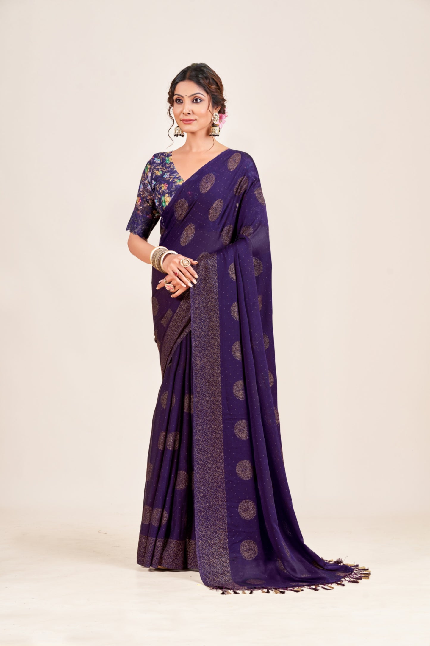 Mangalam Multicolor Moss Saree with Digital Shifli Blouse and Jhaalar Work (3 Colours Available).