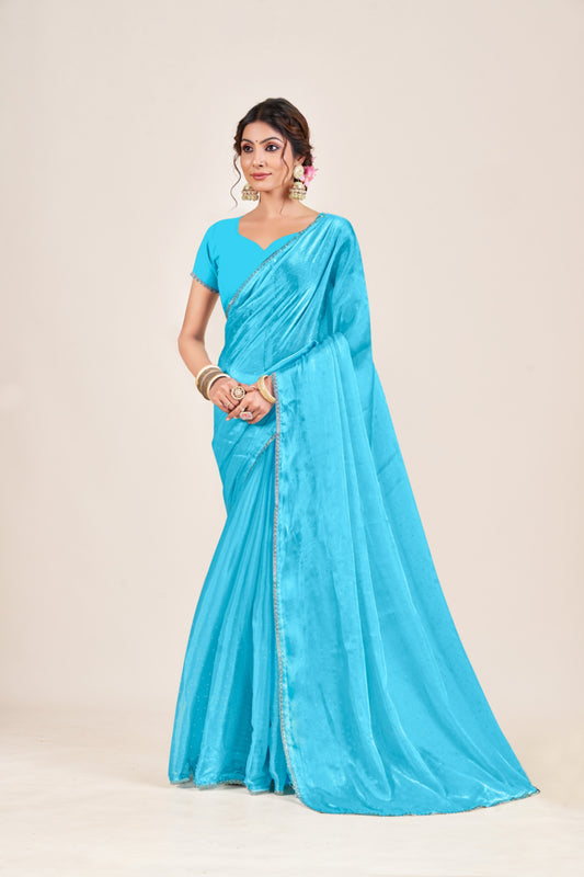 Shaitan  Jimmi Chu Plain Saree with Satin Fancy Blouse(8 Colours Available).