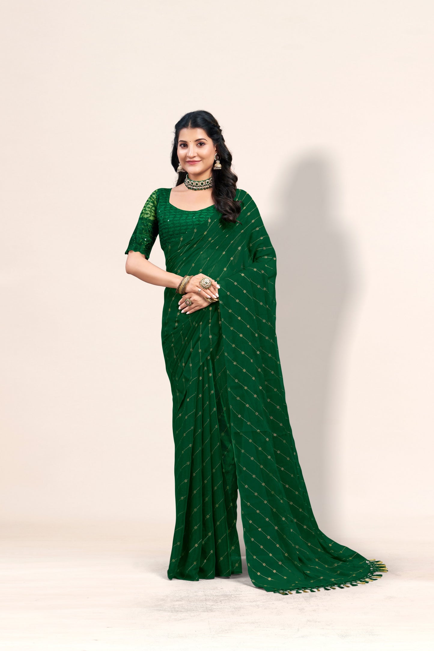 Omex Bottle Green Chiffon Saree with Tone to Tone Matching